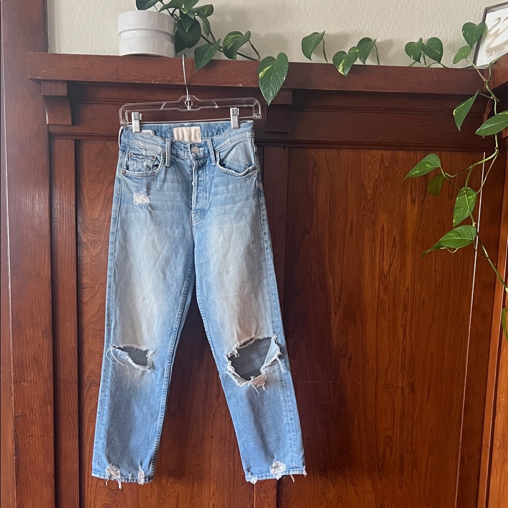 MOTHER Vintage Blue Ripped Cropped Jeans
